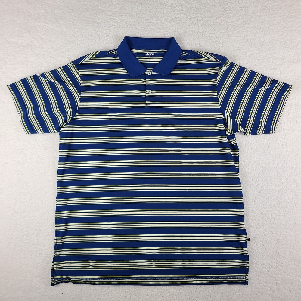 Adidas Golf Polo Shirt Mens‎ Large Blue Yellow Striped Performance Short Sleeve